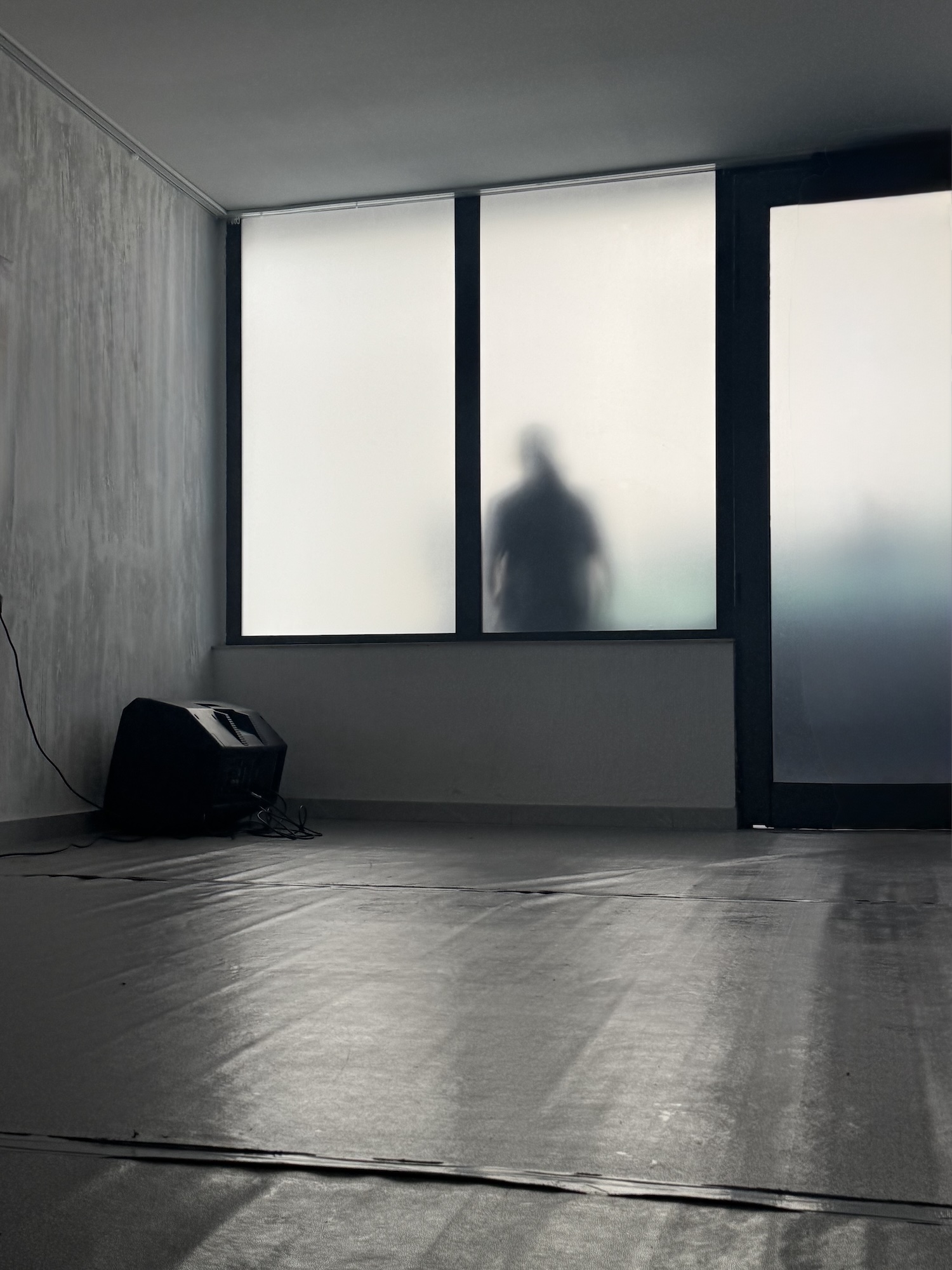 A figure seen through frosted glass in a listening space